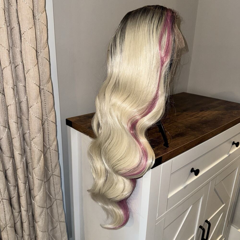 HAIRCUBE Long Wavy Lace Front Wig Blonde Pink Highlights Dark Roots 29”